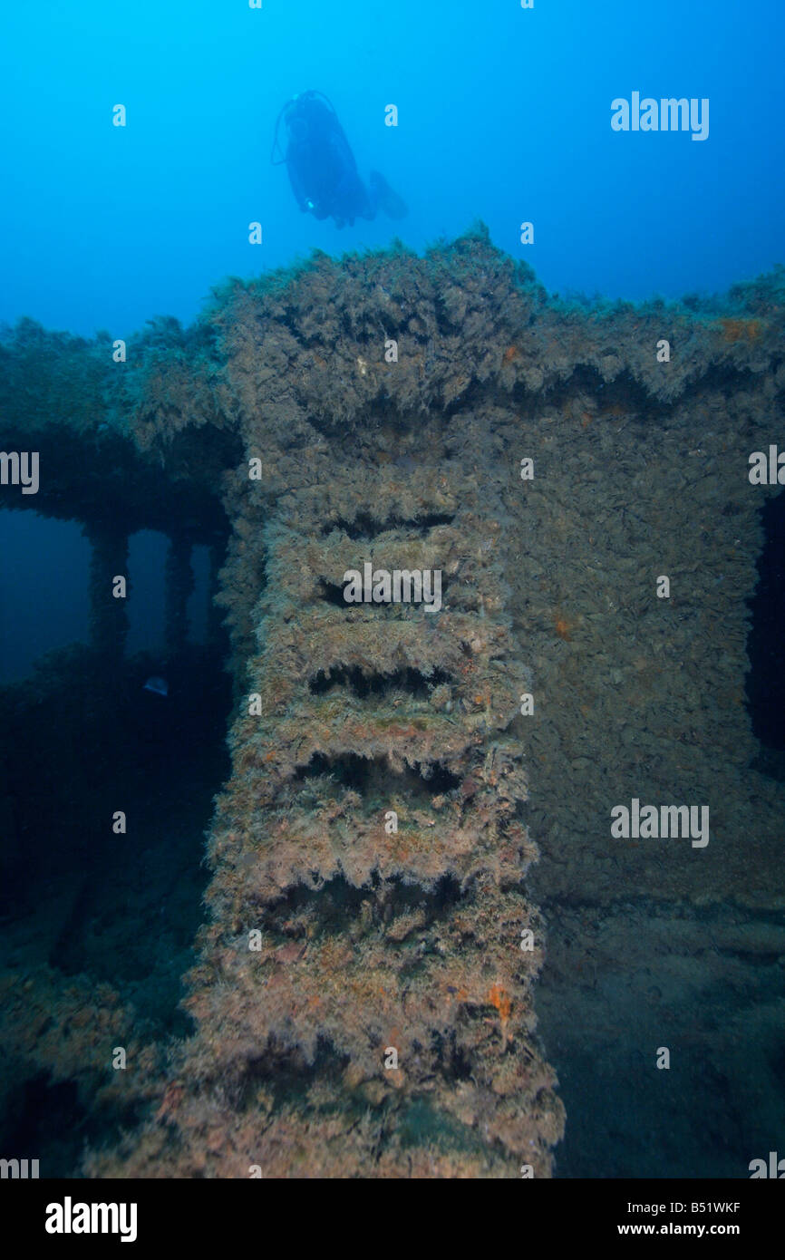 scuba diver and sunken shipwreck 'Wolga Don', Black Sea, Ukraine, Peninsula Crimea, Black Sea Stock Photo