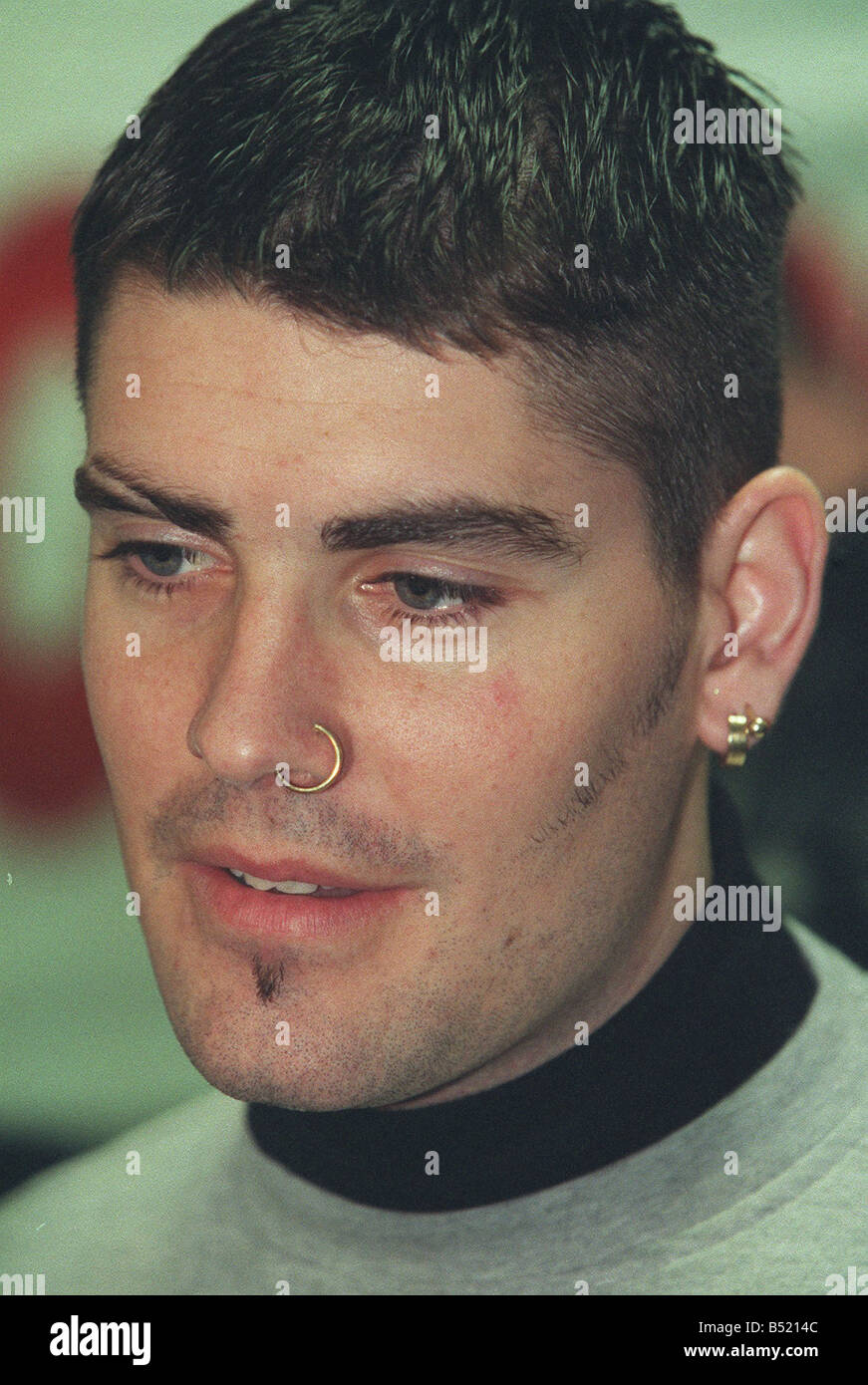 Boyzone concert in Omagh January 1999 Shane Lynch a member of Irish pop group Boyzone signing autographs before their concert in Omagh leisure centre Northern Ireland dtgu Stock Photo
