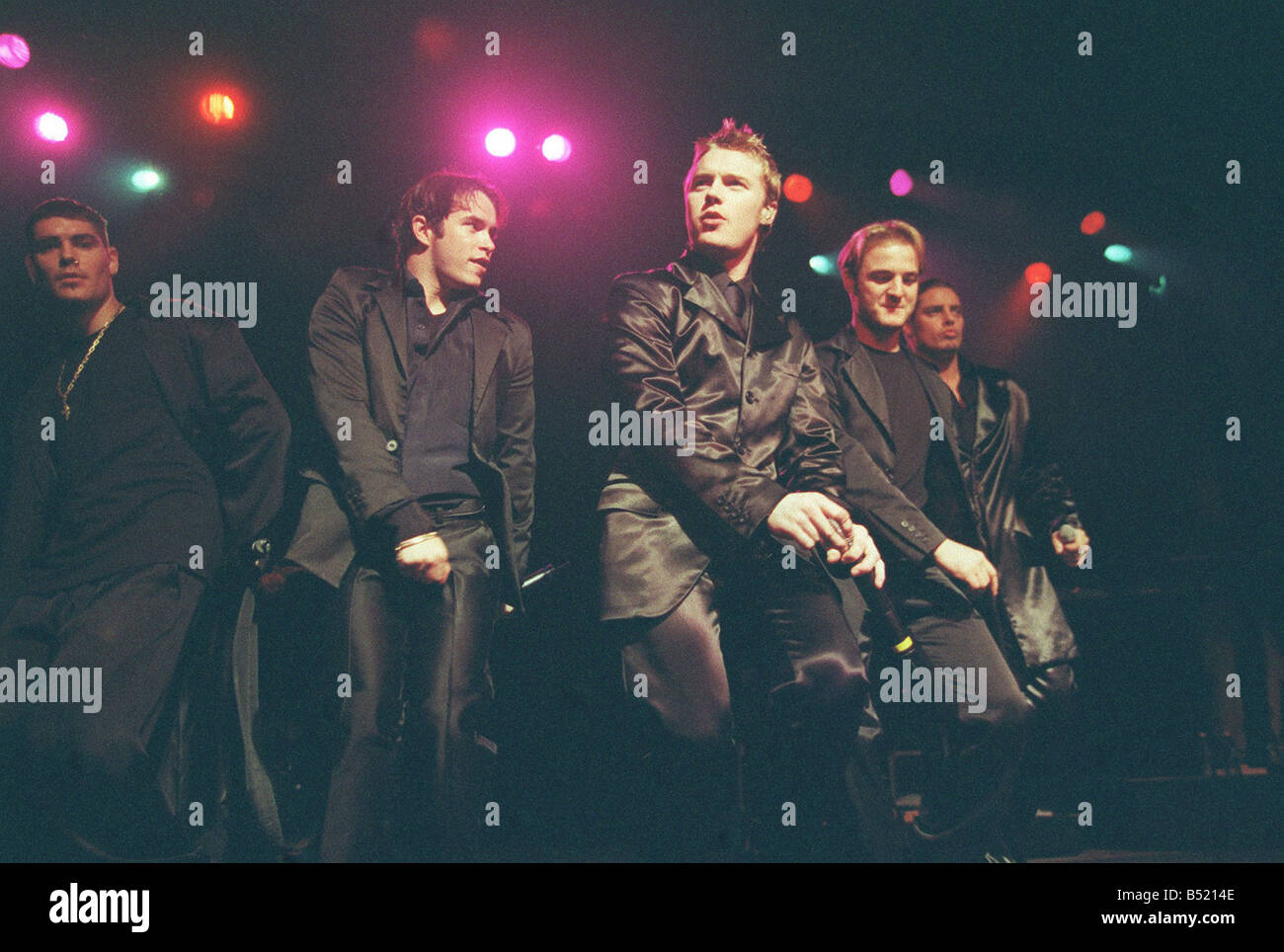 Pop Group Boyzone Concert In Omagh January 1999 Left Right Shane Lynch Stephen Gately Ronan Keating Mickey Graham and Keith Duffy of Boyzone performing during their concert at Omagh leisure centre Northern Ireland Stock Photo