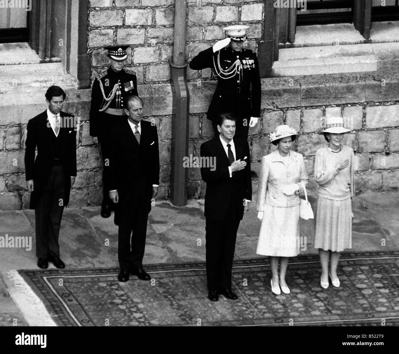 Queen Elizabeth June 1982 with American President Ronald Regan on State Visit to Britain Also Prince Philip Duke of Edinburgh Nancy Regan and Prince Charles LFEY003 hollywoodicons Stock Photo