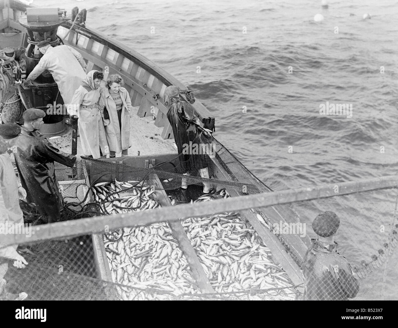 Herring Fishing fleet at Lerwick, Shetland Isles. 1950;Freda Adamson, 20 and Peggy McKay, 17