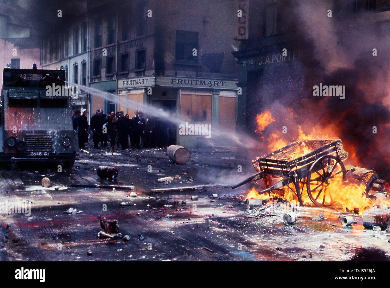 Northern Ireland Troubles 1969 Petrol bombs create fires as police and rioters clash in Londonderry after an Apprentice Boys march Ulster 1960s Northern Ireland Troubles 1969 Petrol bombs create fires as police and rioters clash in Londonderry after an Apprentice Boys march Ulster 1960s
