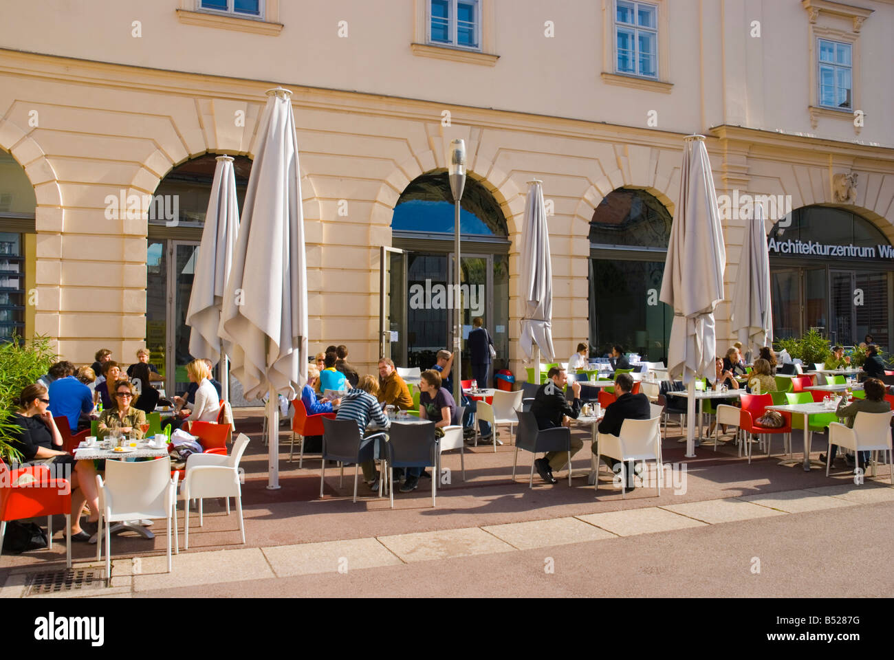 Restaurant terrace at Museums Quartier district in central Vienna Austria Europe Stock Photo