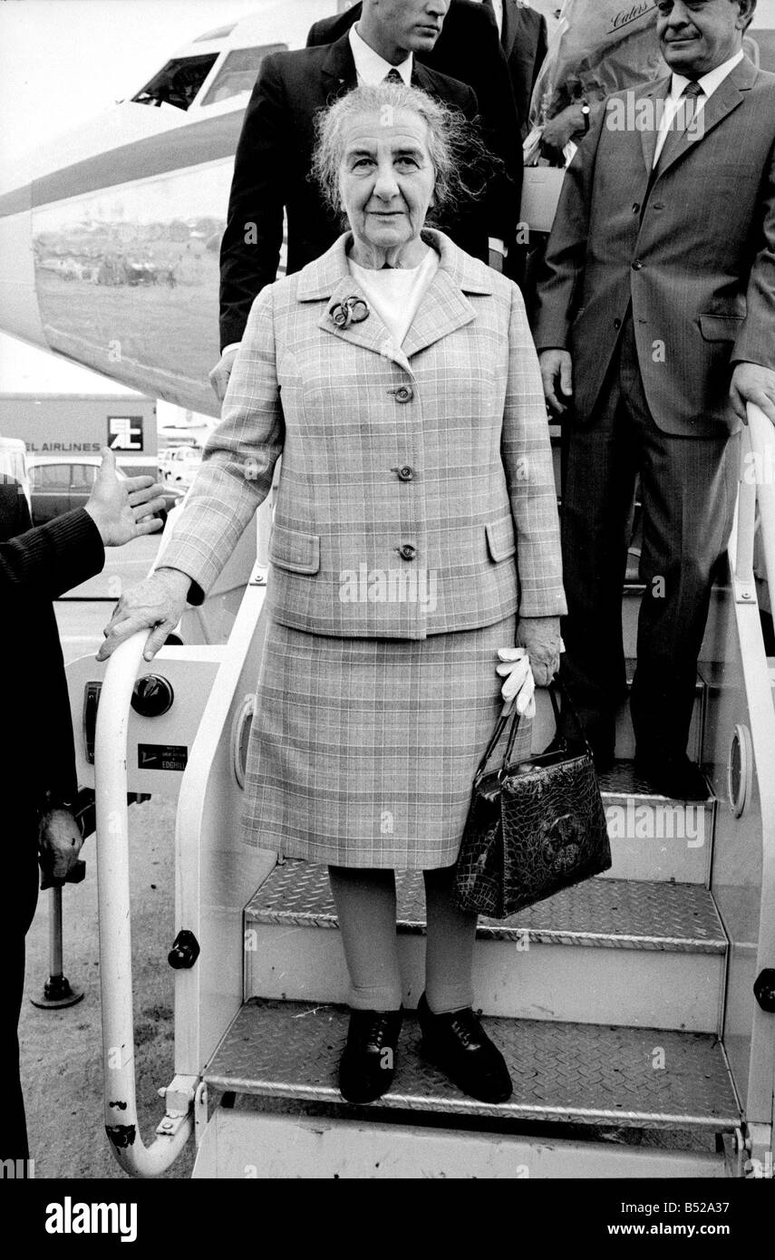 Golda Meir Prime Minister of Israel arriving at Heathrow Airport on a visit to see Mr Wilson Smiling female politician woman in Stock Photo