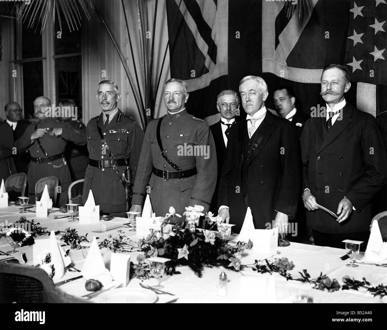Signing of the Peace Treaty Woodrow Wilson 2nd from right General Pershing 3rd from right Palace of Versailles France Anglo American banquet June 1919 1910s Stock Photo