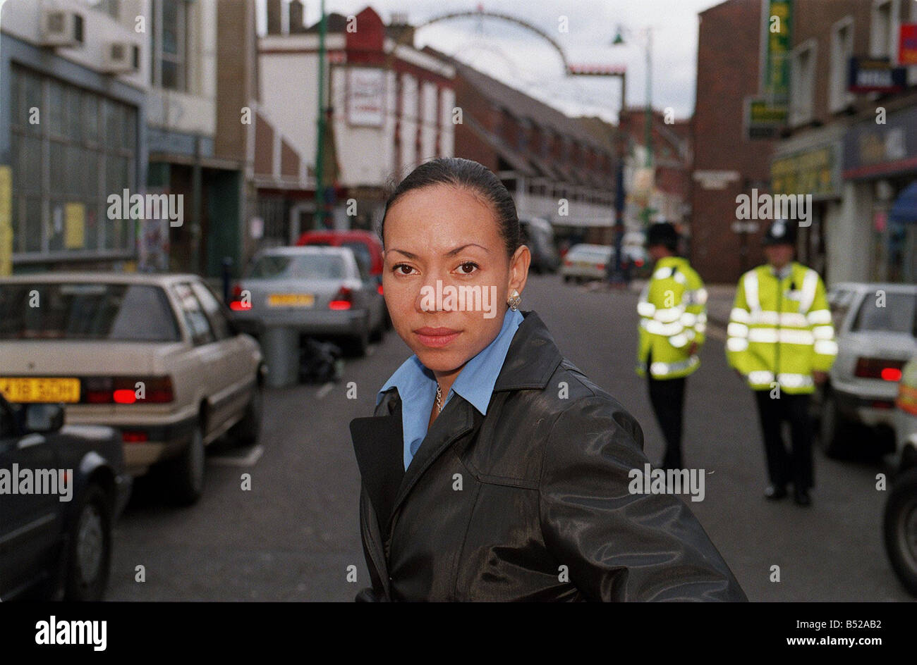 Oona King MP April 1999 surveys area of damage caused by Brick Lane Nail Bomb Explosion which was in her constituency she has previously been targeted with hatemail as she is Black Jewish and Successful Stock Photo