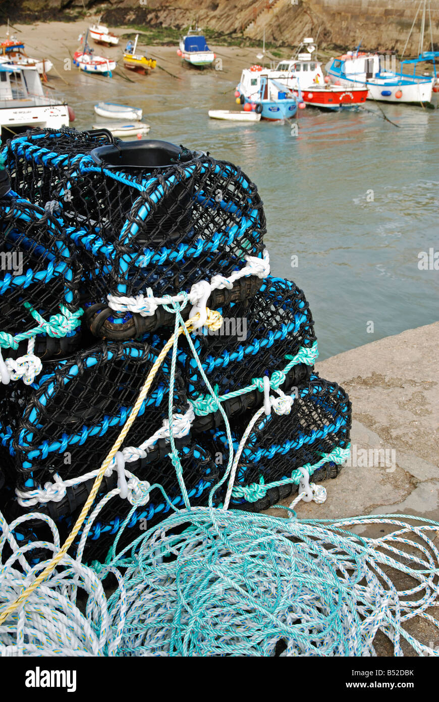 crab and lobster pots on the harbourside at newquay in cornwall,uk Stock Photo