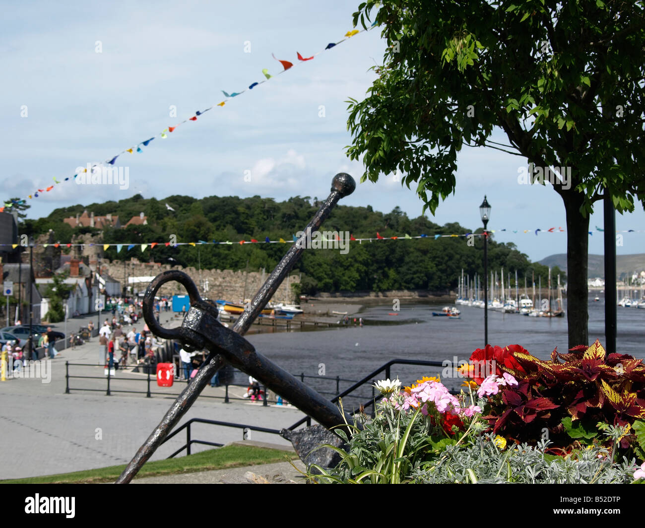 Floral Display and Anchor, Conwy Quay, Wales. Focus is on flowers Stock Photo