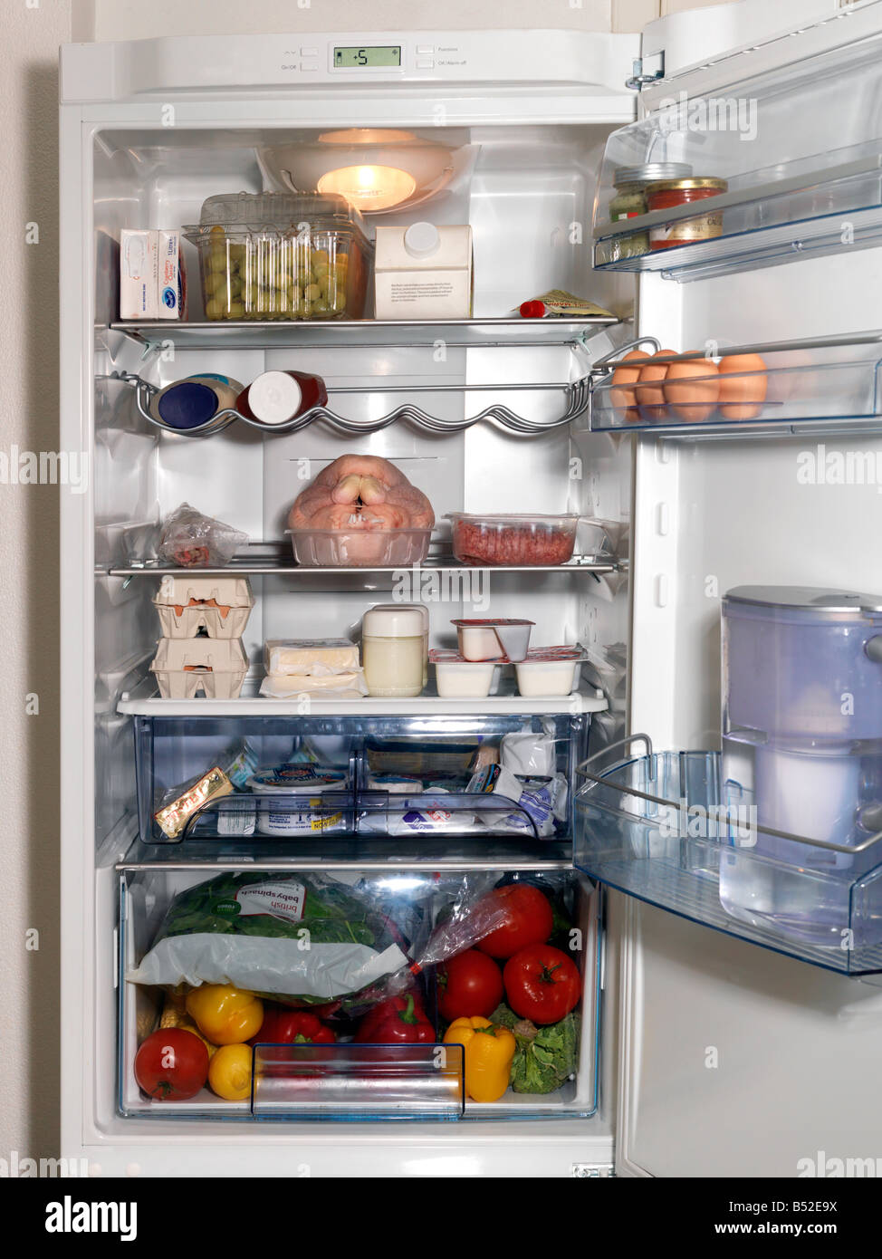 Interior of Fridge Showing Separate compartments for Produce Dairy and Meat Stock Photo
