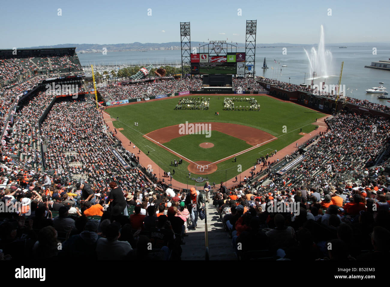 AT&T Park celebrates the 50th anniversary of the San Francisco Giants on Opening Day of the baseball season on April 7 2008. Stock Photo