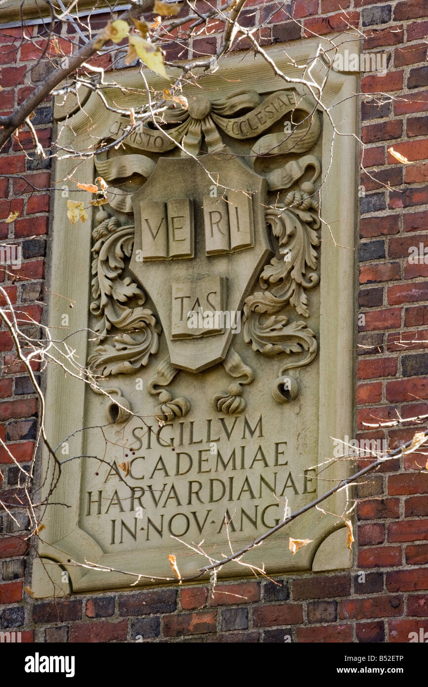 School seal on Johnston Gate Harvard University Cambridge Massachusetts Stock Photo