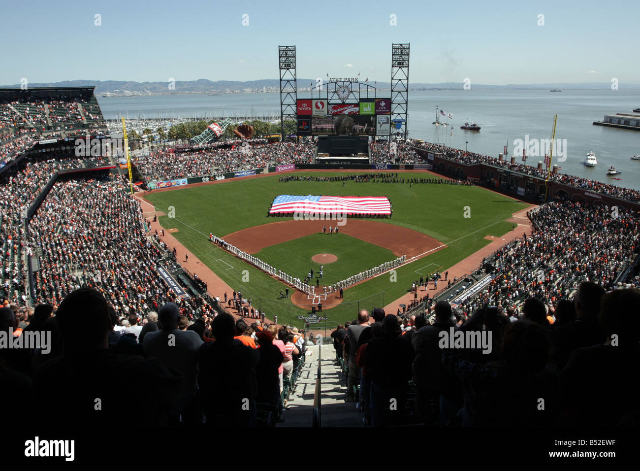 AT&T Park celebrates the 50th anniversary of the San Francisco Giants on Opening Day of the baseball season on April 7 2008. Stock Photo