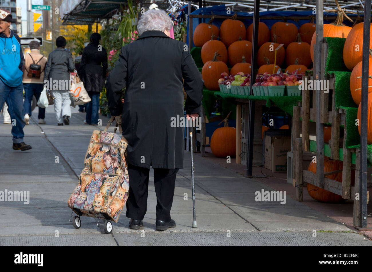 Old lady with a cane shopping at the maket Stock Photo