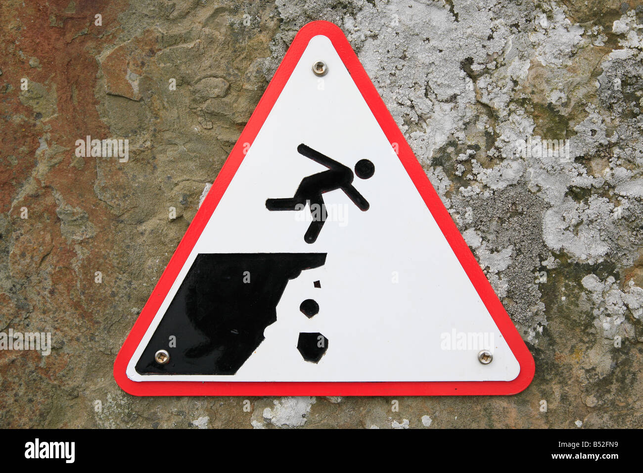 warning plate against falling down, Cliffs of Moher, Ireland Stock Photo