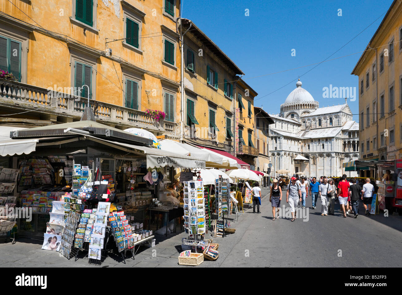 Shops on Via Santa Maria leading to the Duomo and the Piazza dei Miracoli, Pisa, Tuscany, Italy Stock Photo