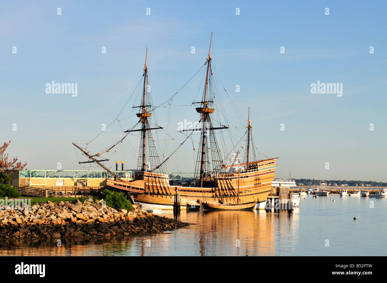The ship Mayflower II docked in historic Plymouth Harbor, MA Stock Photo