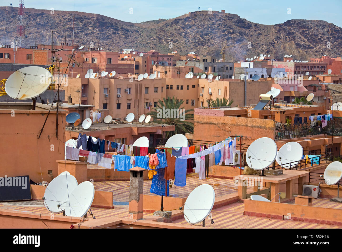 Satellite Dishes on rooftops. Africa, Morocco, Marrakesh. Stock Photo