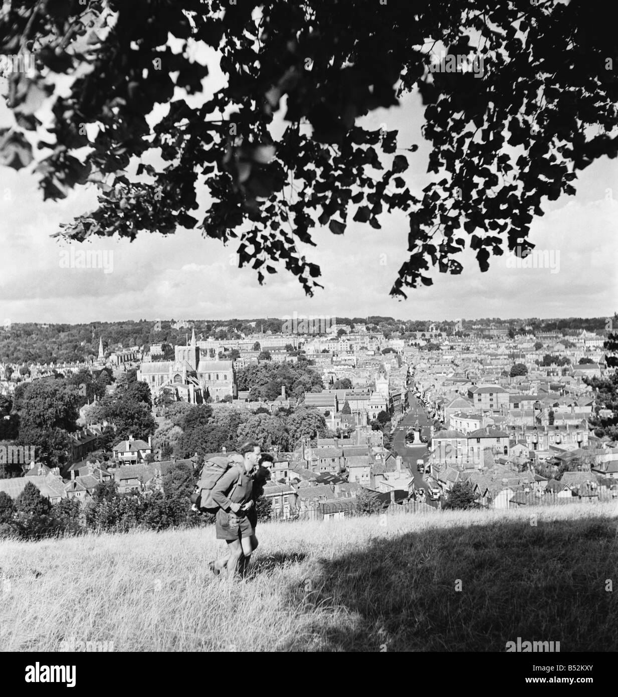 Hikers climb the hills that surround Winchester and its cathedral. September 1952 C4378 Stock Photo