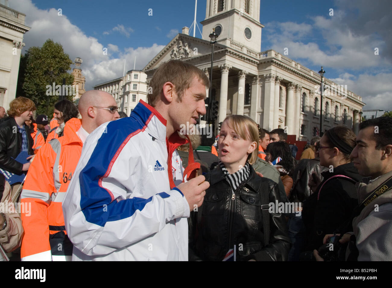 Beijing Olympics Boxing medallist, Tony Jeffries, mixes with the crowd after the Victory Parade, London October 2008 Stock Photo