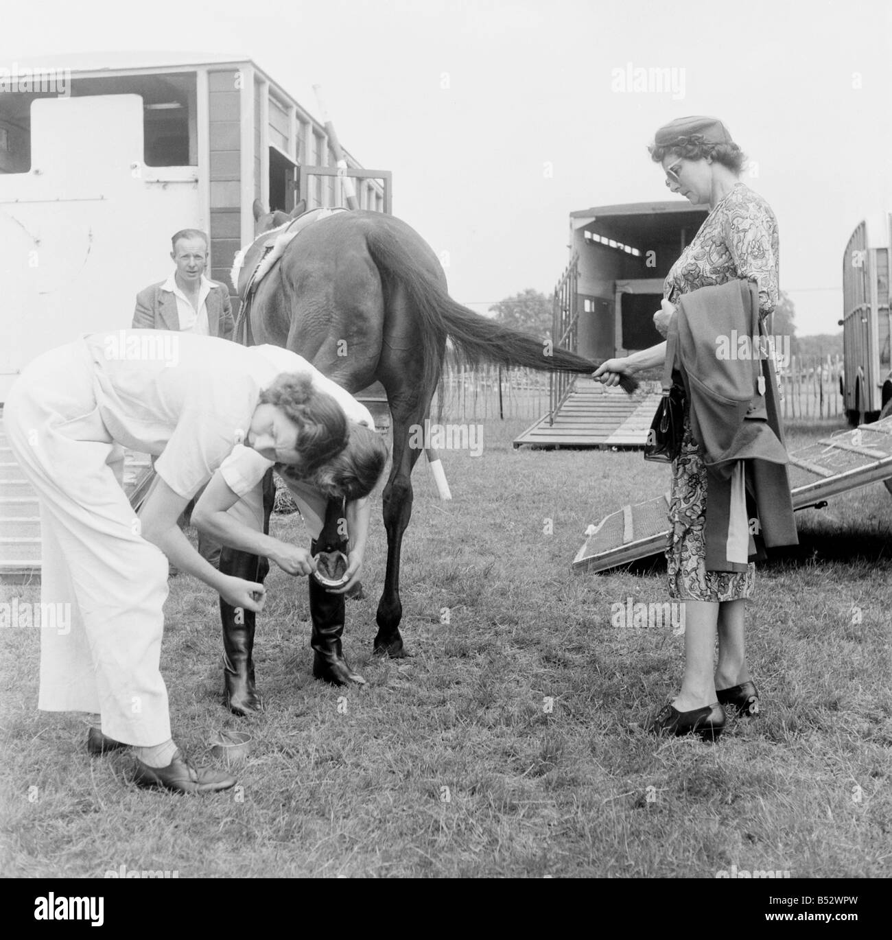 Scene from 1952. Richmond Horse show. A vet examines the hoofs of one of the competitors June 1952 C2975-002 Stock Photo