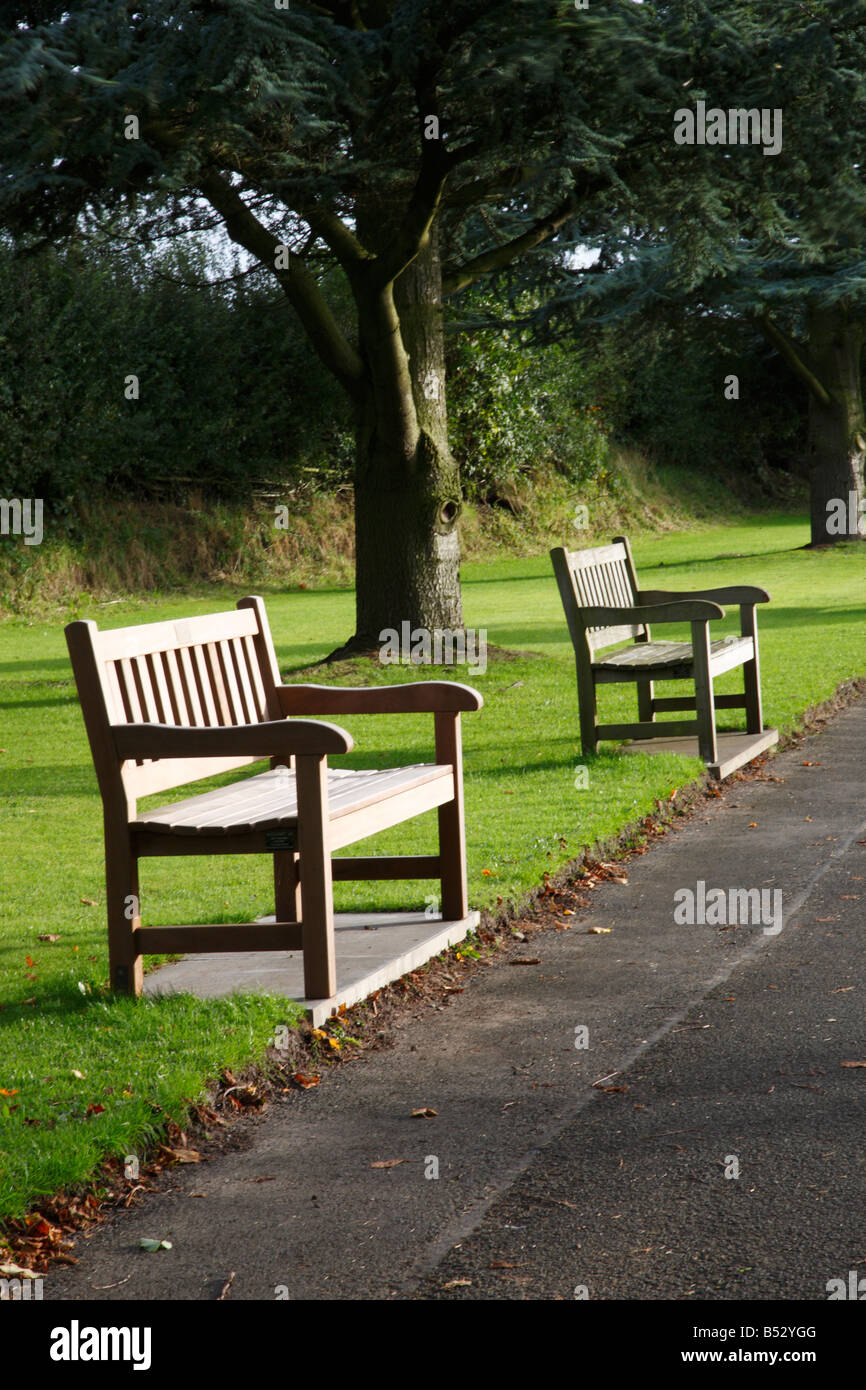 2 park benches in Carlisle, Cemetery, Carlisle, Cumbria, England, United Kingdom. Evening. Stock Photo