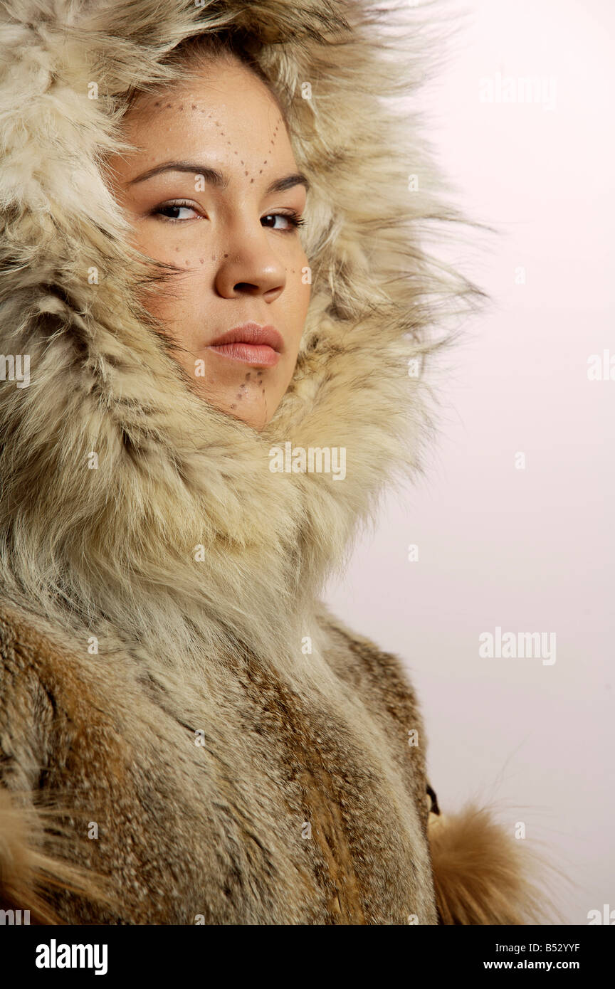 Portrait of Native Alaskan Inupiat Woman in Wolf Fur Coat in Studio ...