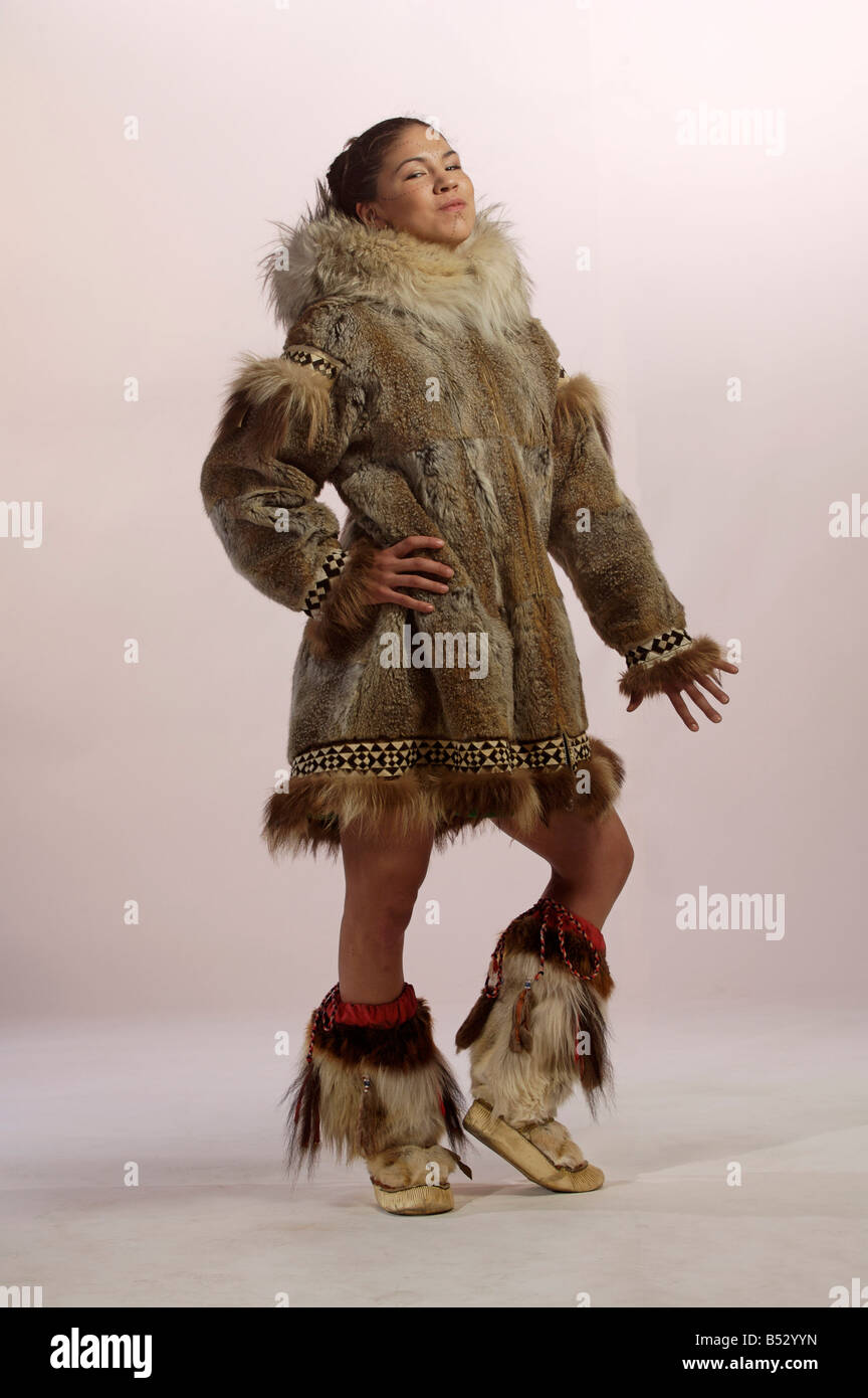 Native Alaskan Inupiat Woman in Wolf Fur Coat in Studio Alaska Stock Photo
