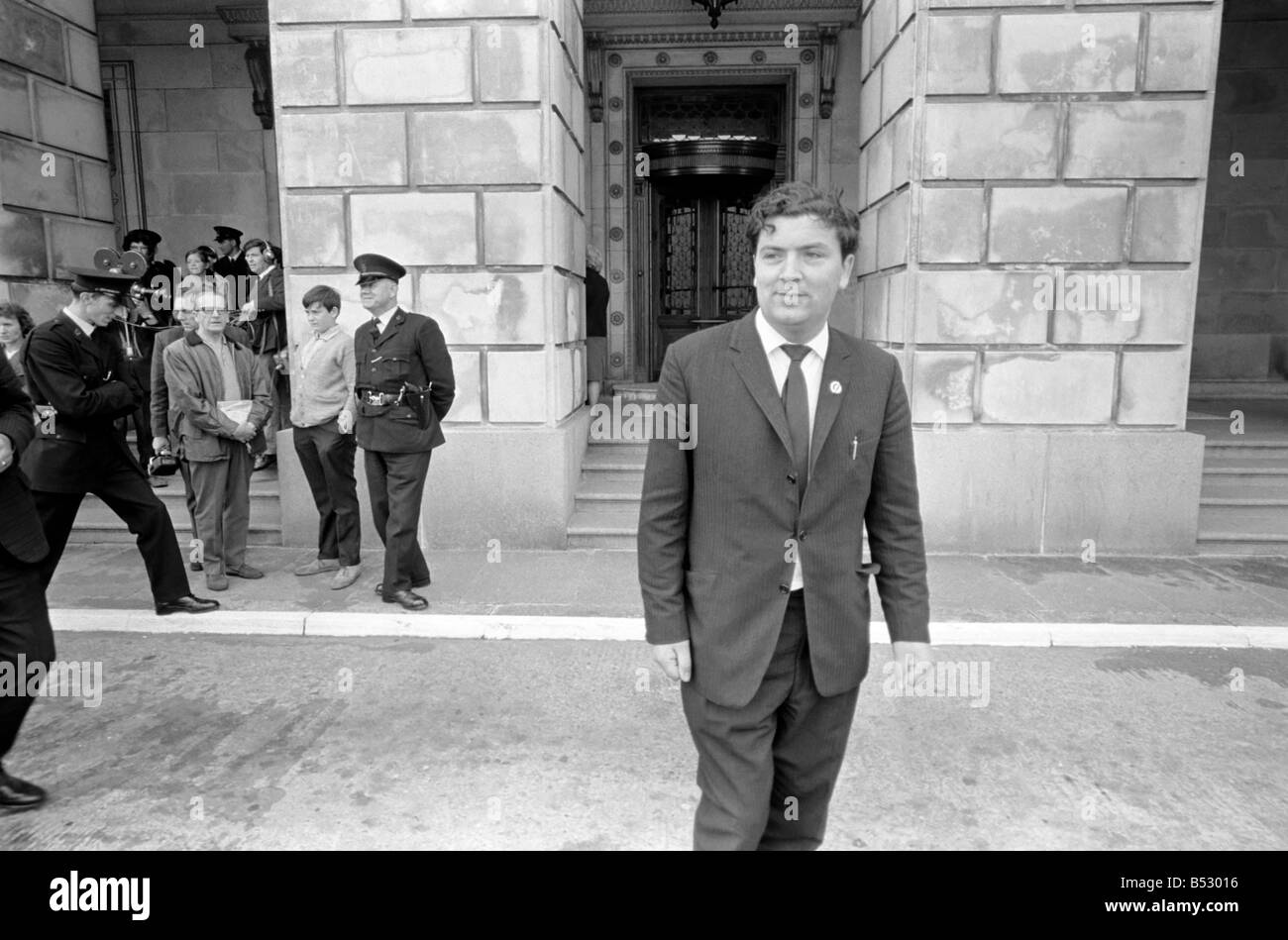 SDLP politician John Hume leaves the Stormont building in Belfast, Northern Ireland after participating in a debate. Aug. 1969 Stock Photo