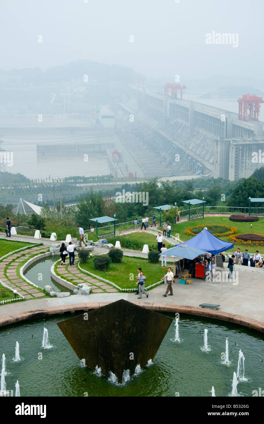 An aerial view of the Three Gorges Dam Project, China, with gardens and a fountain in the foreground Stock Photo