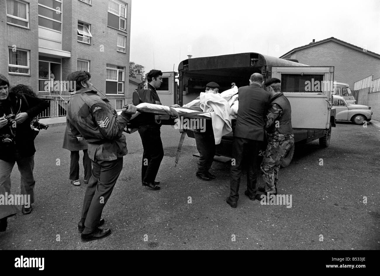 Northern Ireland July 1972. Aftermath scenes of the Lenadoon Estate siege during which 3000 rounds were fired on a rocket and a Stock Photo