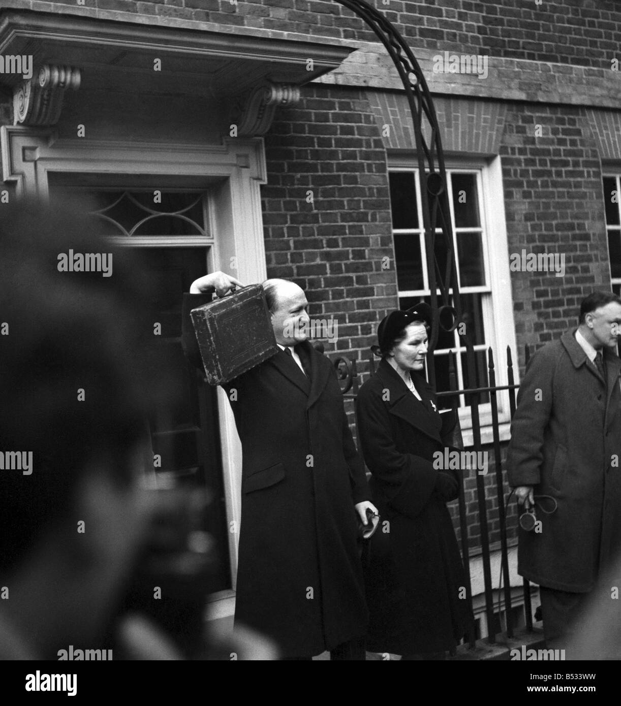 Budget Day Mr R A Butler Chancellor of the Exchequer with the red budget despatch Box outside 11 Downing street before making his 1952 budget speech to Parliament March 1952 C1231 Stock Photo