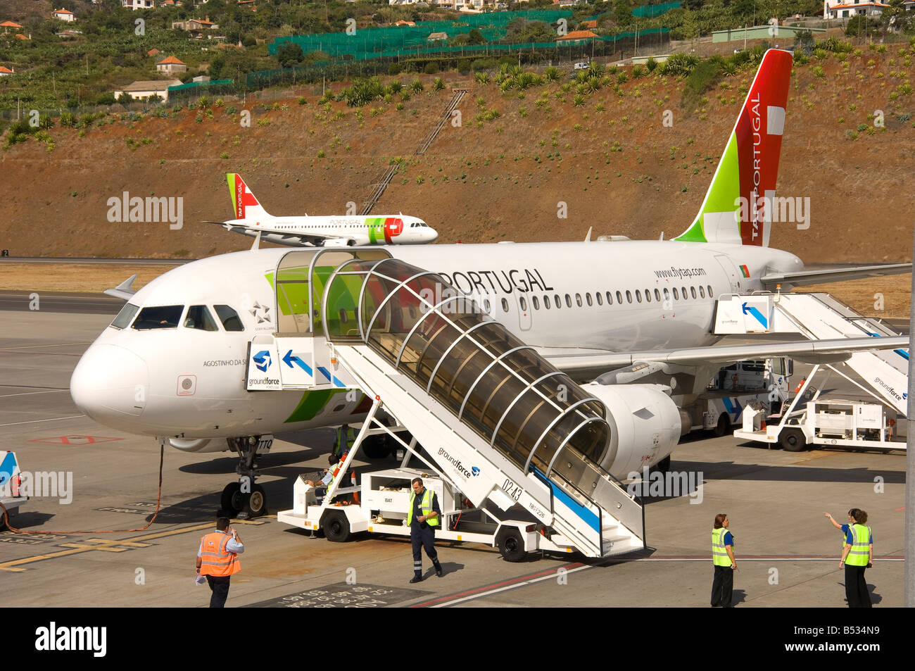 TAP Portugal aircraft at Funchal airport Madeira Portugal EU Europe Stock Photo