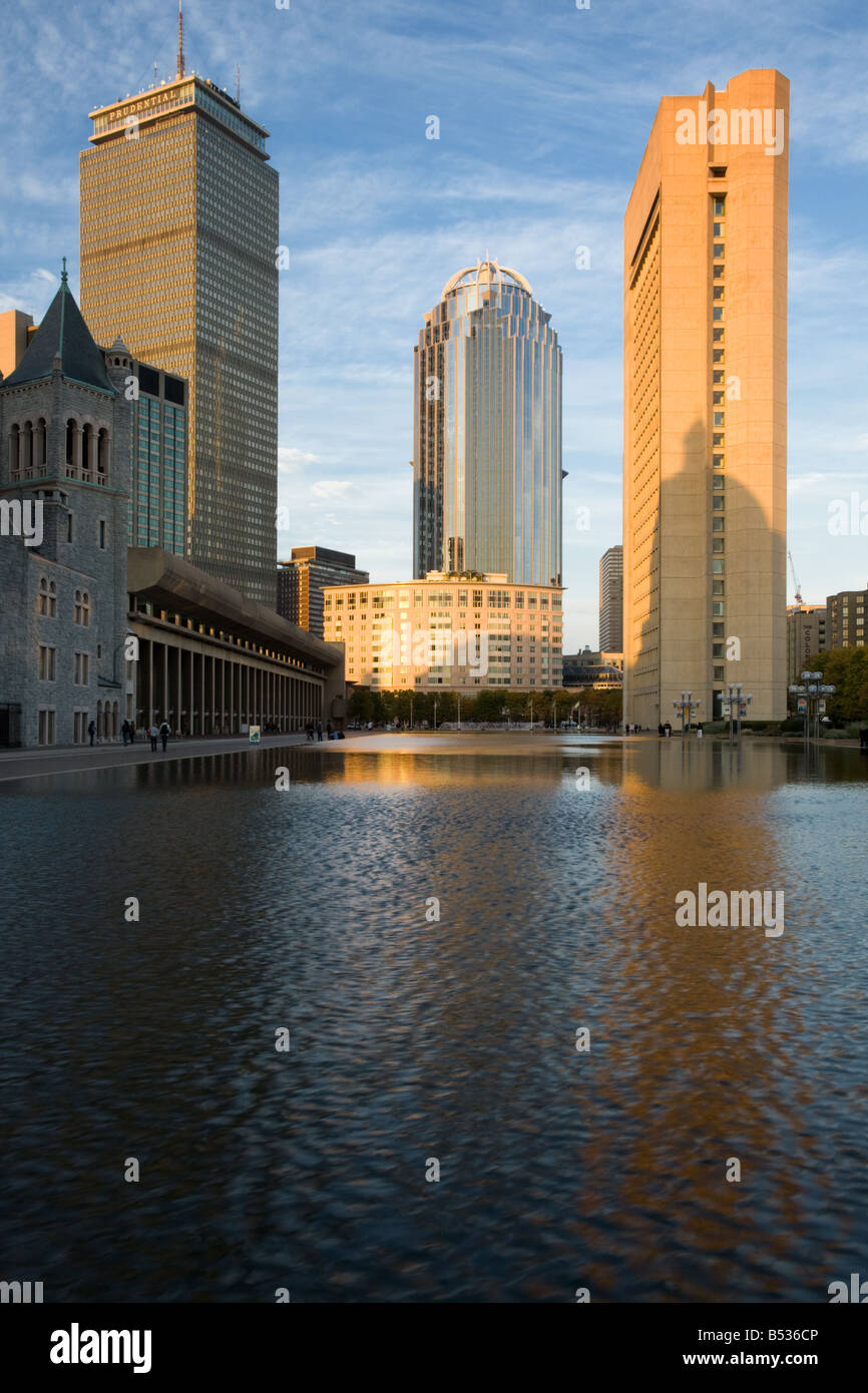 Skyscrapers above reflecting pool are Prudential Center 111 Huntington Christian Science Building Boston Massachusetts Stock Photo