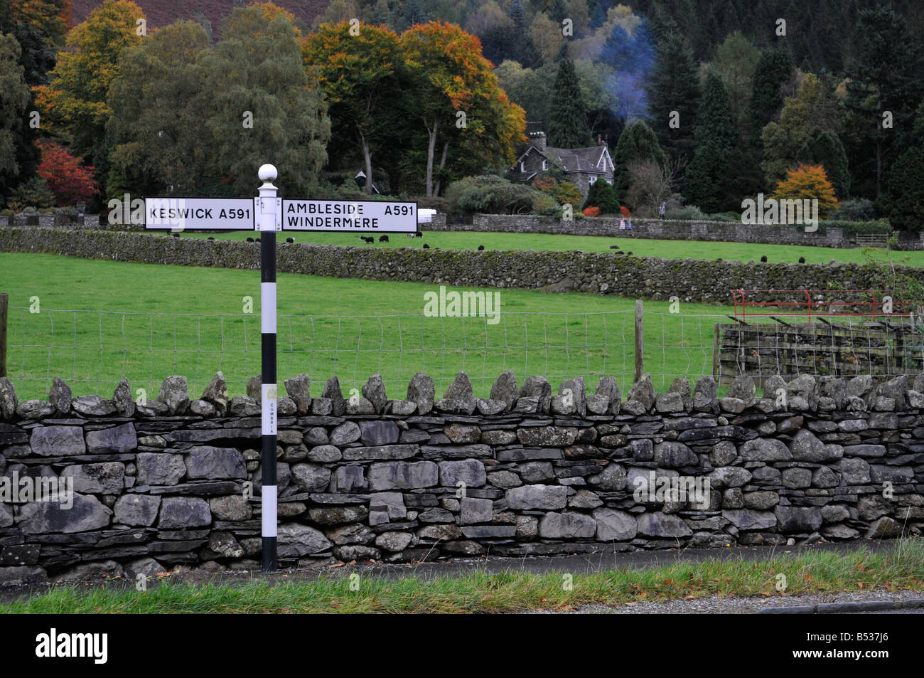 road-sign on A591 in Grasmere, cumbria Stock Photo
