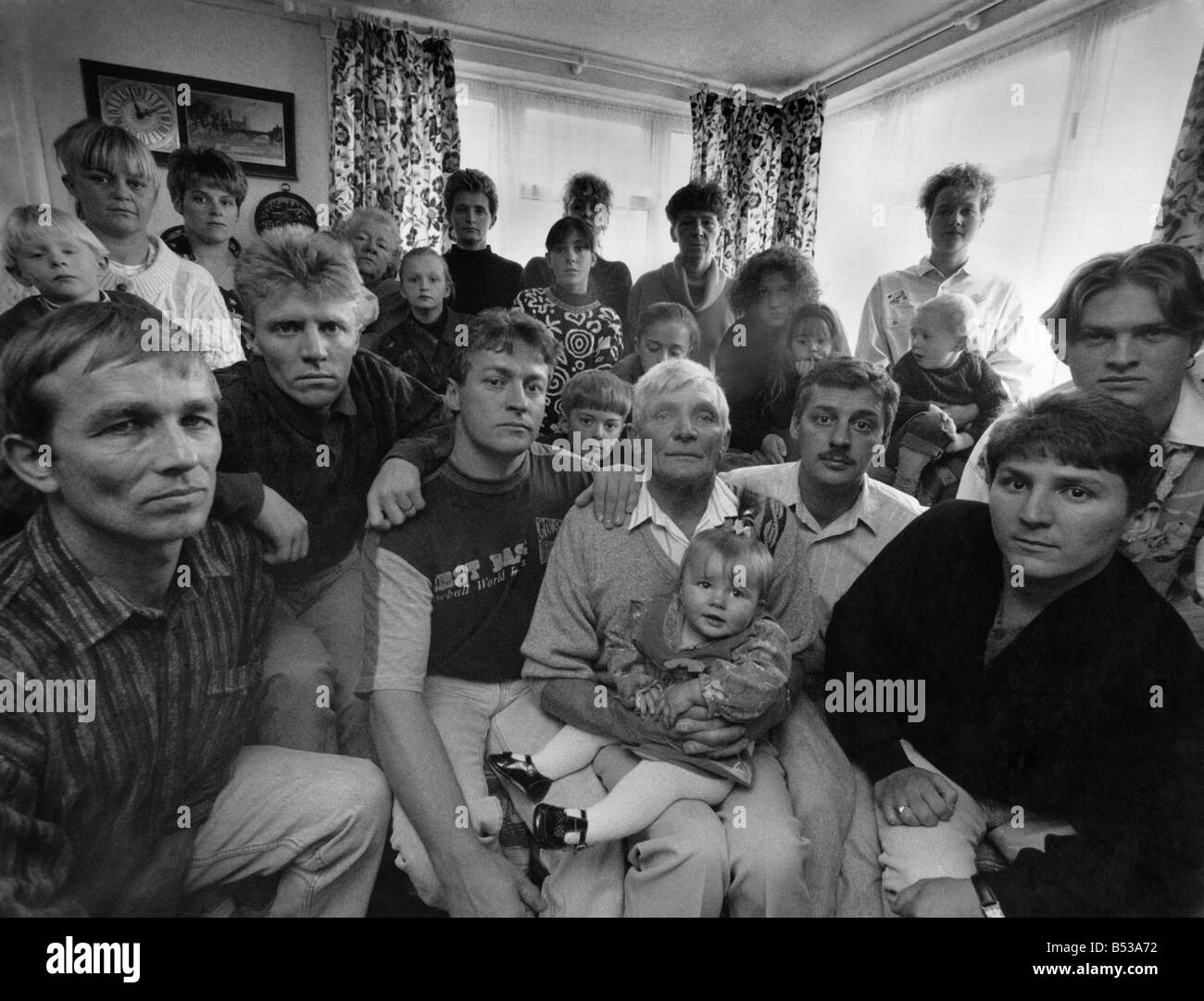 Coal miners. The Hill miners family. Left to right front row, David Kimber (son in law), Graham Hill Son, Michael Hill (son), Thurlow Hill (father), Davis Hill (Son), Mark Hill (son), John Hoole (nephew) and youngest grand daughter Amy (9 months) on grandfather's knee. October 1992 P017672 Stock Photo