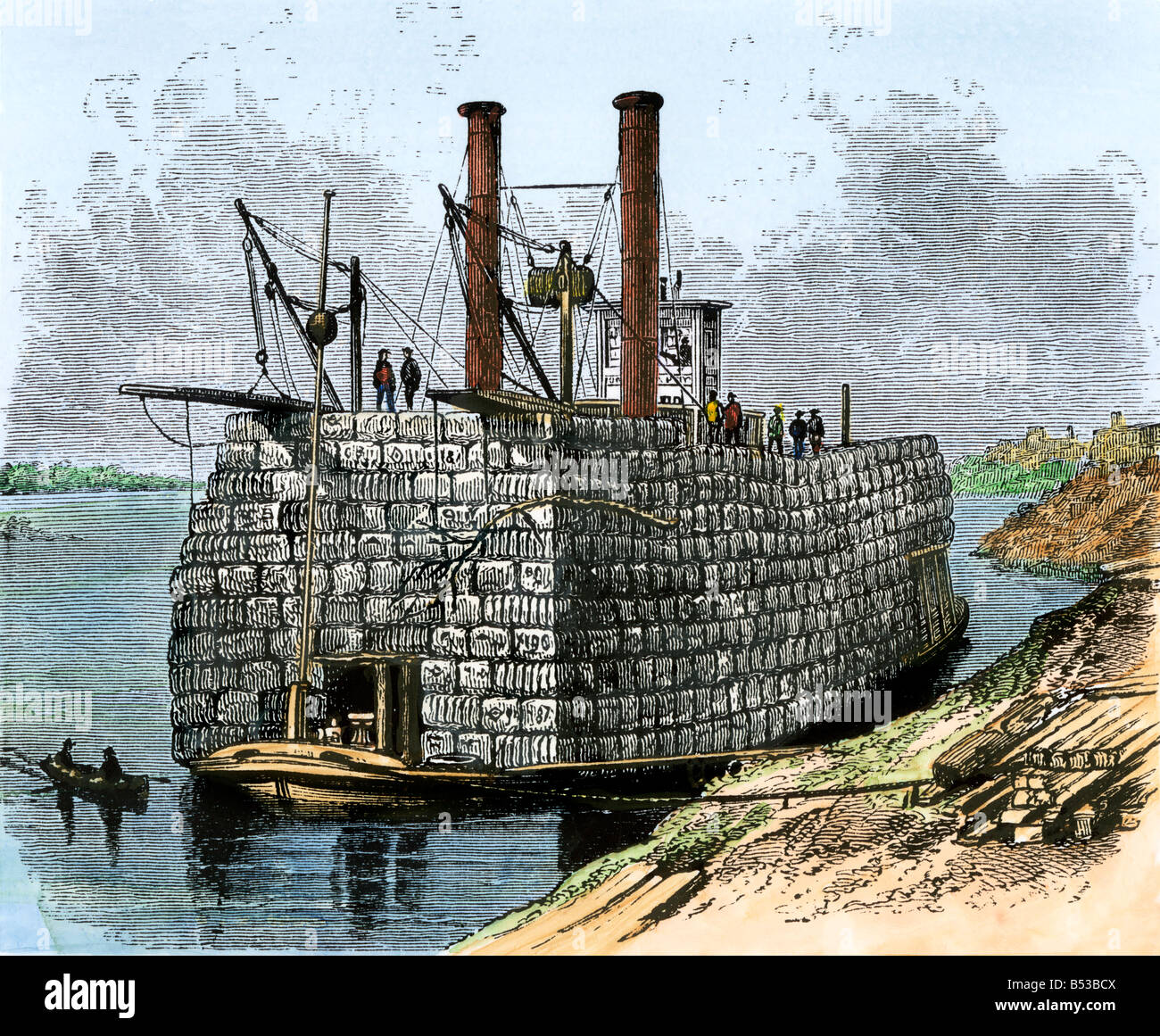 Steam-driven boat loading bales of cotton at a plantation pier 1800s. Hand-colored woodcut Stock Photo