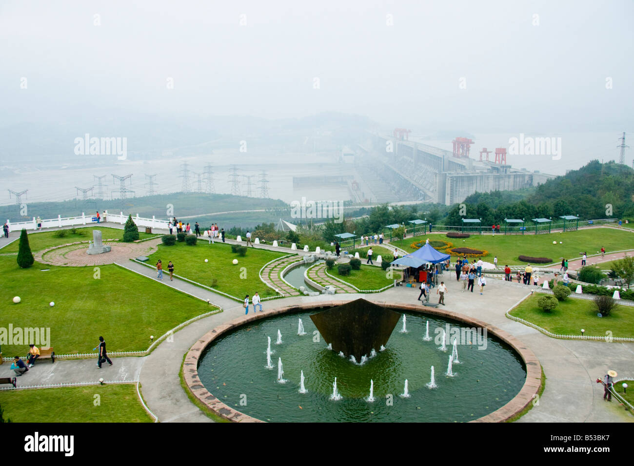 An aerial view of the Three Gorges Dam Project,  China, with gardens and a fountain in the foreground Stock Photo