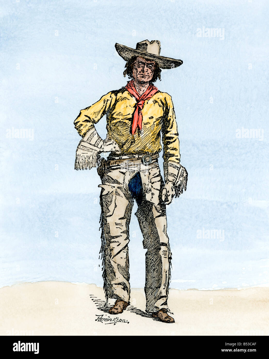 A Texas cowboy 1800s. Hand-colored woodcut of a Frederic Remington illustration Stock Photo