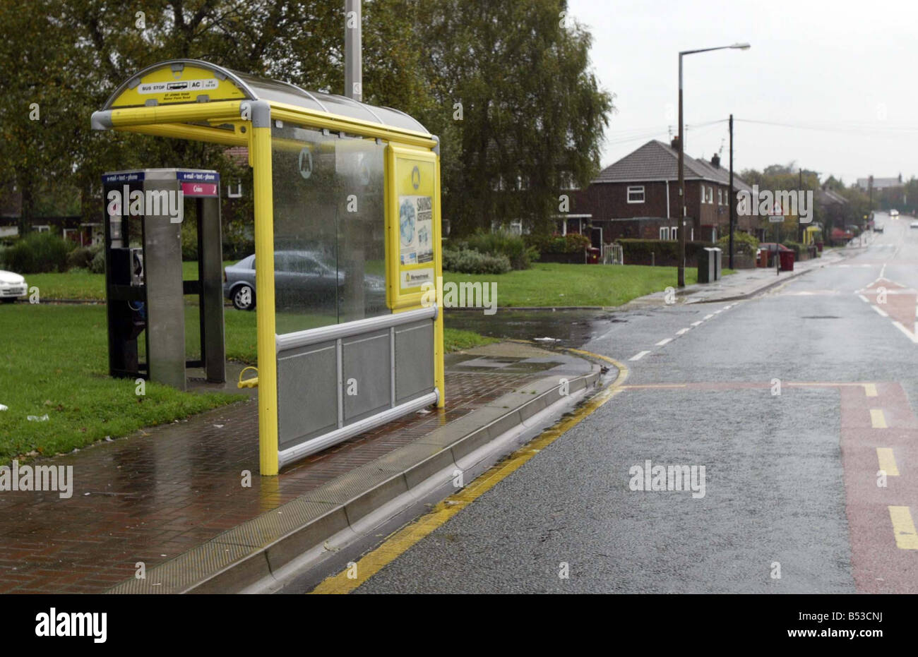 Bus stop outside the Huyton Park pub where racial attack on Anthony Walker started Background for Anthony Murder trial Liverpool Crown court November 2005 Stock Photo