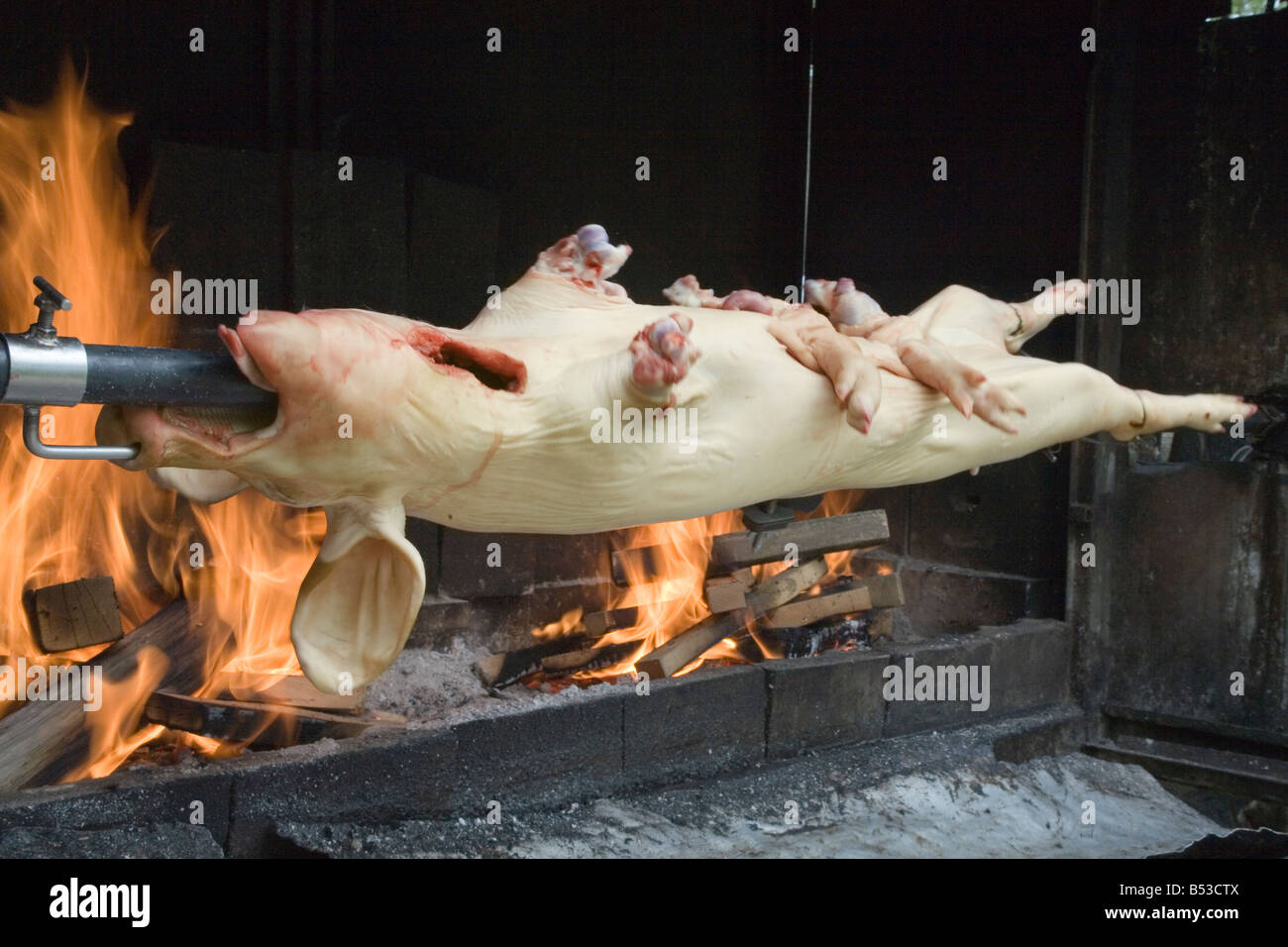 Piglet roast on the spit Roadside restaurant in Bosnia and Herzegovina Stock Photo