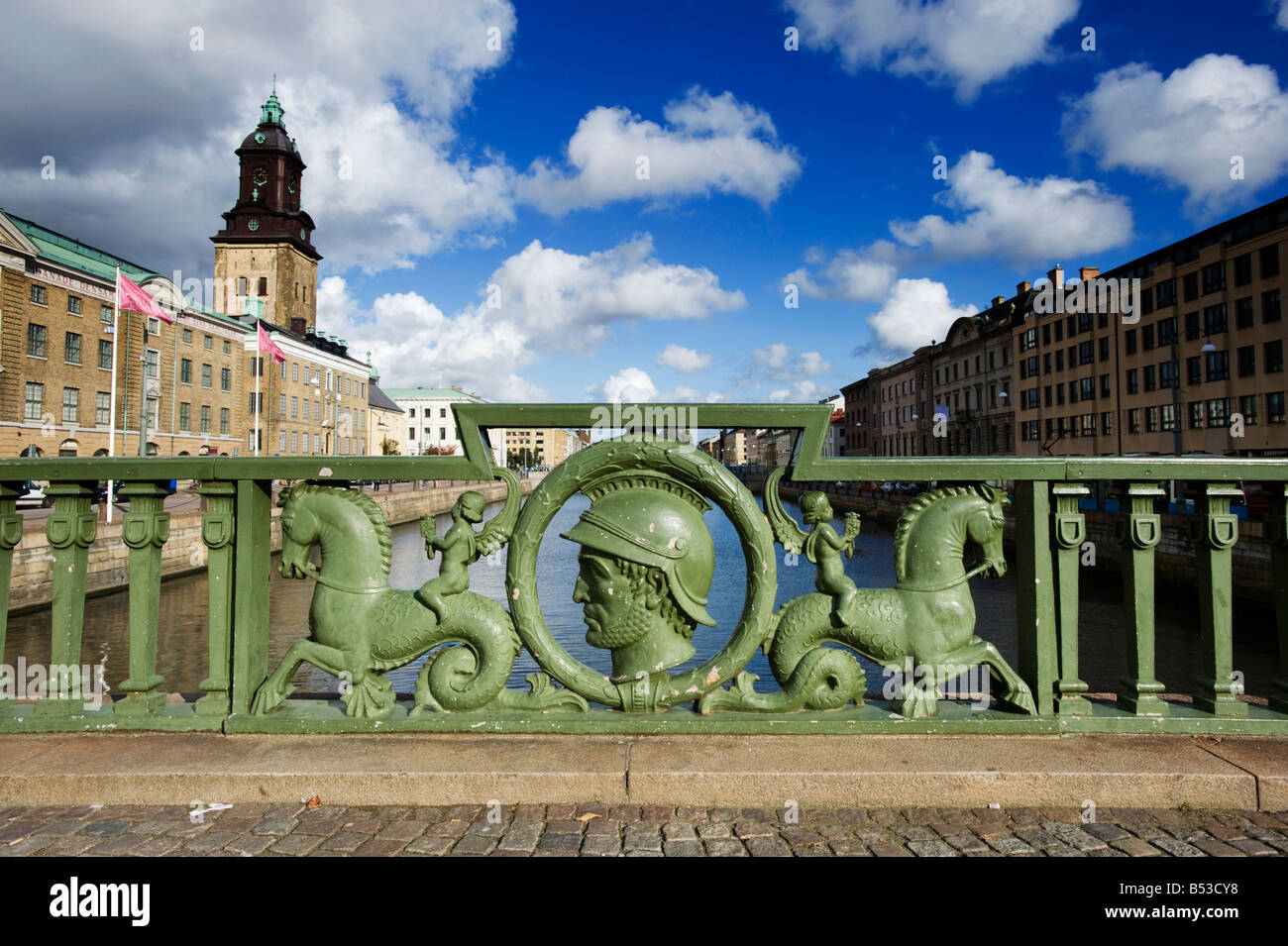 Ornate cast iron parapet on bridge crossing the Stora Hamnkanalen or Stora Hamn Canal in central Gothenburg Sweden Stock Photo