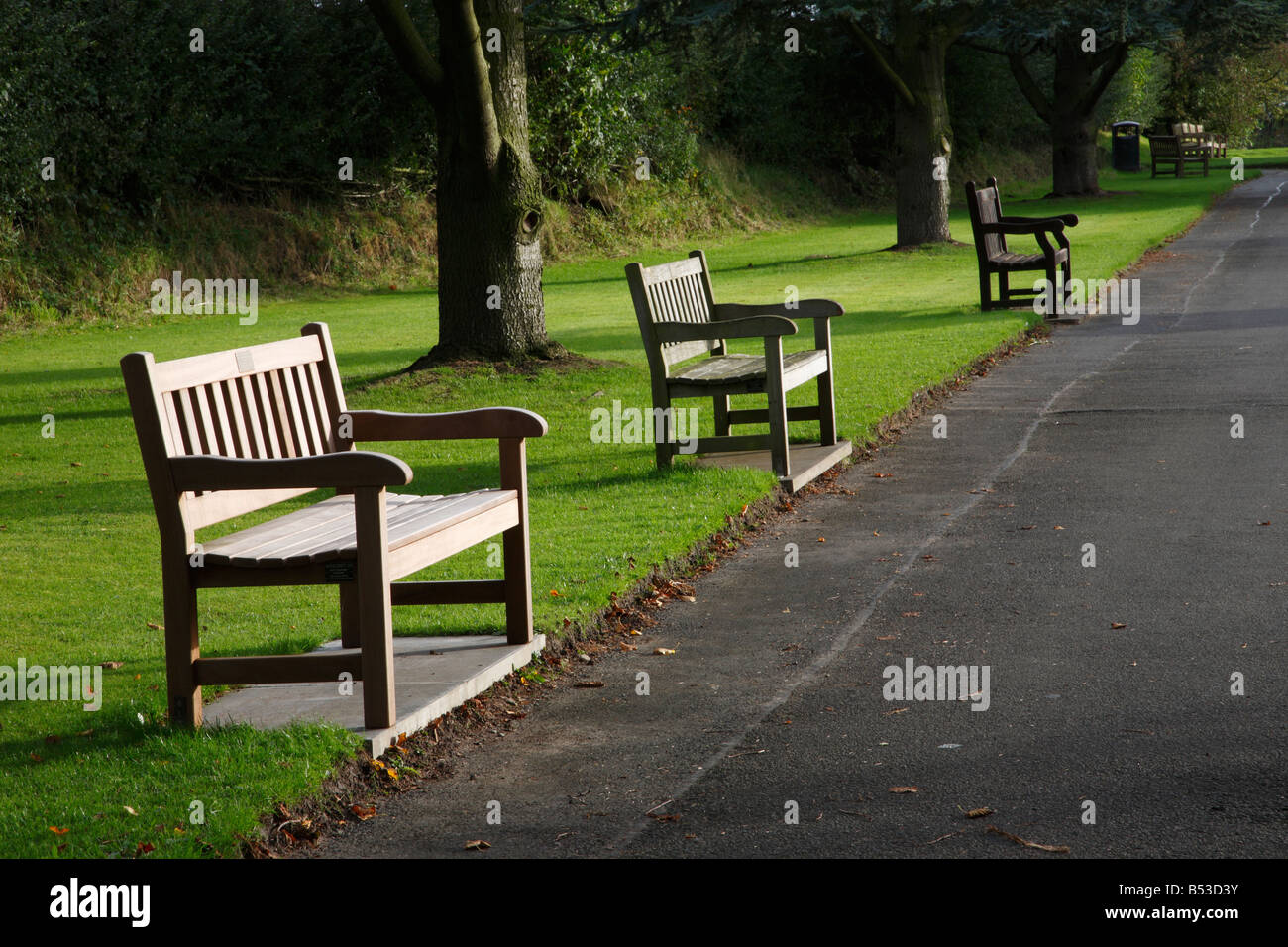 3 park benches in Carlisle, Cemetery, Carlisle, Cumbria, England, United Kingdom. Evening. Stock Photo