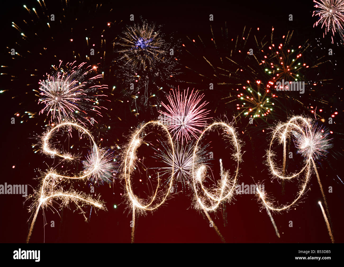 Inscription 2009 made by celebratory fireworks Stock Photo