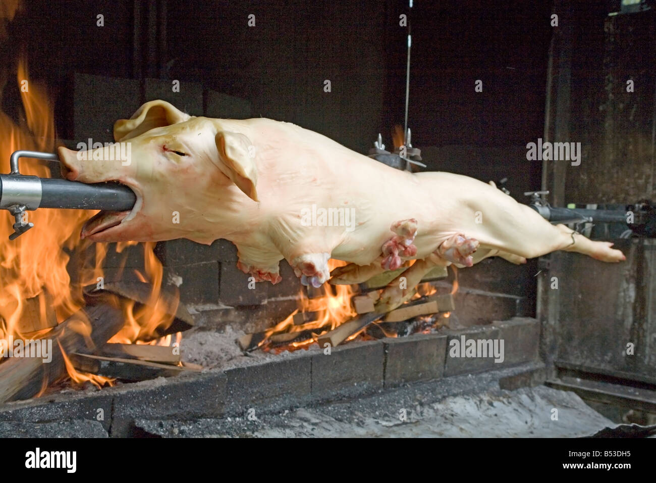 Piglet roast on the spit Roadside restaurant in Bosnia and Herzegovina Stock Photo