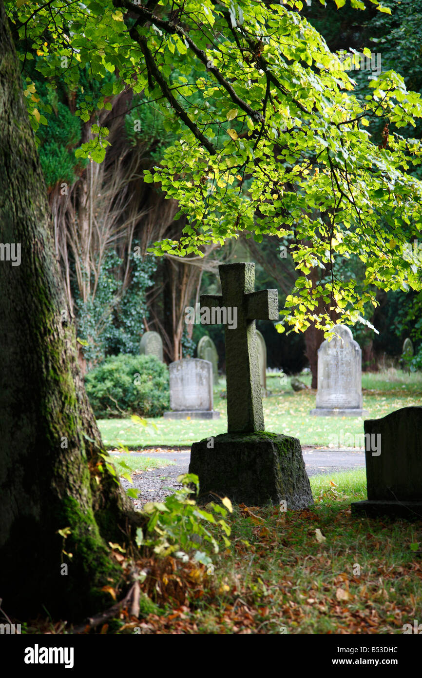 Head Stone Cross backlit in Cemetery with autumn foliage in the fall