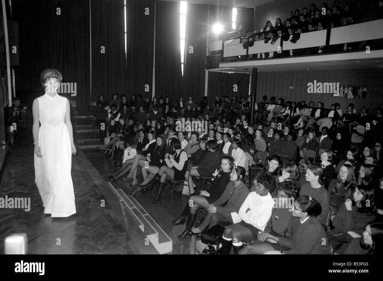 Fashion Clothing. Today, girls in Tower Hamlets schools saw their own fashion show at Tower Hamlets school in Richard Street, E. 1. The show was presented by a well-known fashion house, Carnegie Models, Ltd., and arranged by the local ILEA careers office as part of an extensive programme of talks. The fashion show in progress. December 1969 Z11835-003 Stock Photo