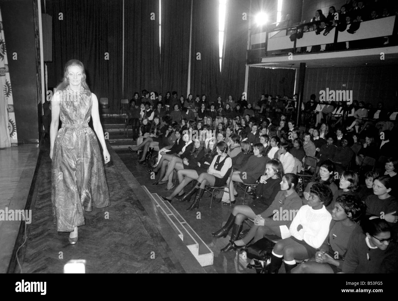 Fashion Clothing. Today, girls in Tower Hamlets schools saw their own fashion show at Tower Hamlets school in Richard Street, E. 1. The show was presented by a well-known fashion house, Carnegie Models, Ltd., and arranged by the local ILEA careers office as part of an extensive programme of talks. The fashion show in progress. December 1969 Z11835-004 Stock Photo