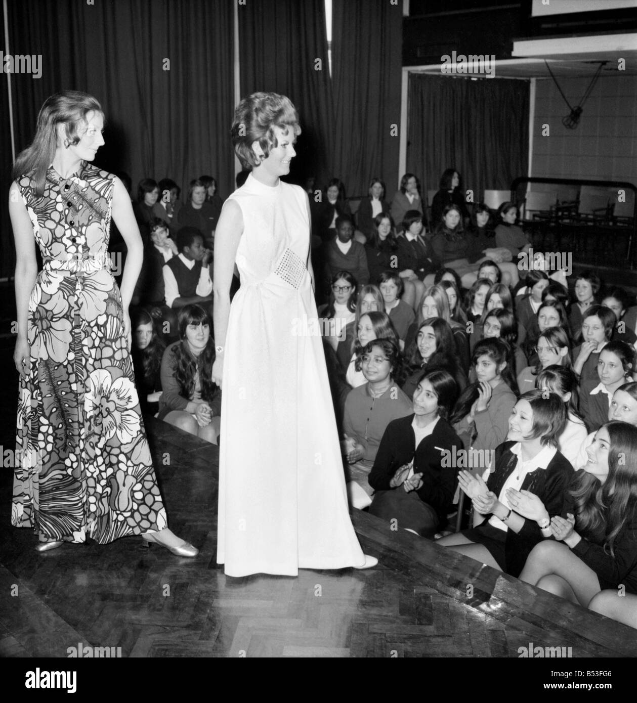 Fashion Clothing. Today, girls in Tower Hamlets schools saw their own fashion show at Tower Hamlets school in Richard Street, E. 1. The show was presented by a well-known fashion house, Carnegie Models, Ltd., and arranged by the local ILEA careers office as part of an extensive programme of talks. The fashon show in progress. December 1969 Z11835 Stock Photo