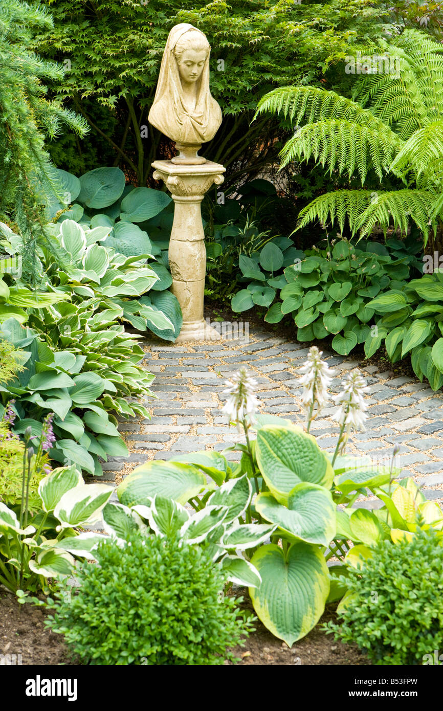 Various Hosta varieties with Boxos Sempervirens, Larix pendula to left and Tree Fern Dicksonia Antartica Stock Photo