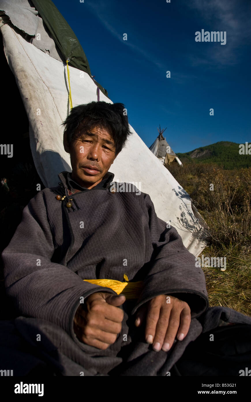 Tsaatan man Northern Mongolia Stock Photo